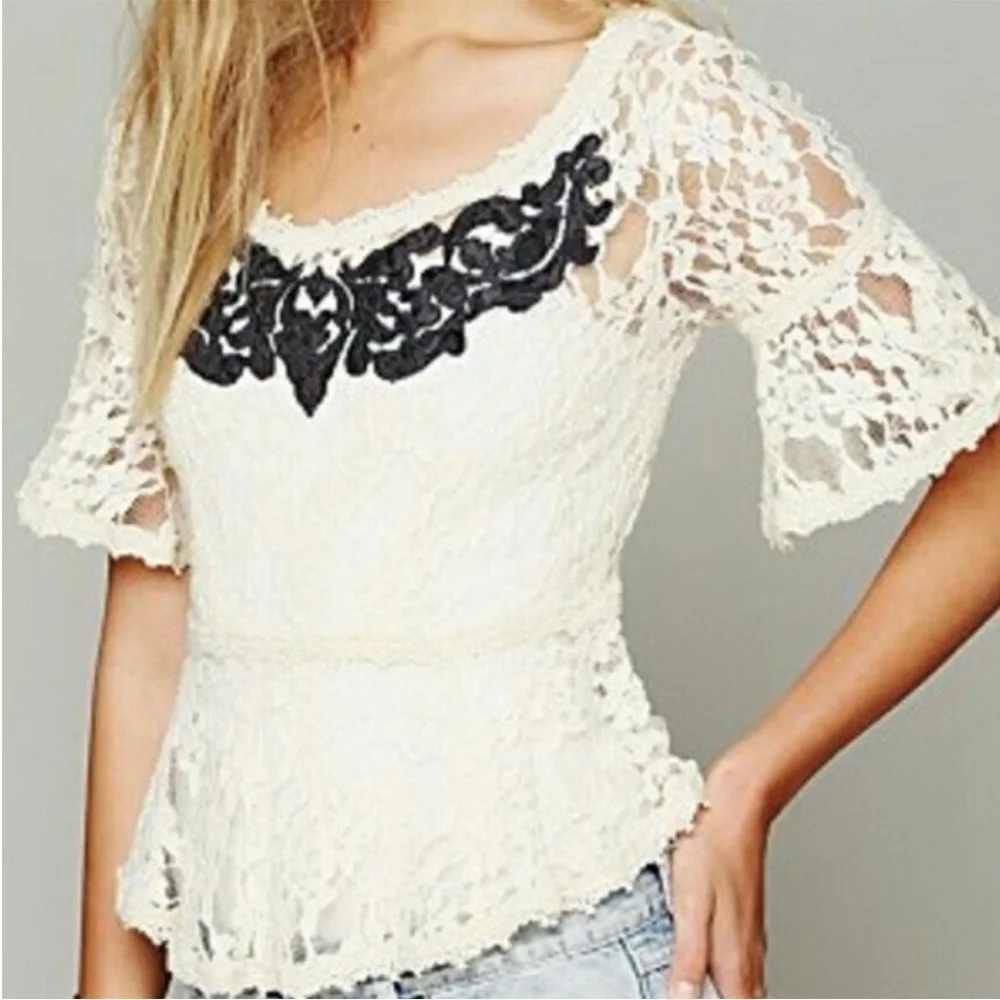 Free People Cream Lace Flutter Sleeve Blouse Black Embroidery Small
